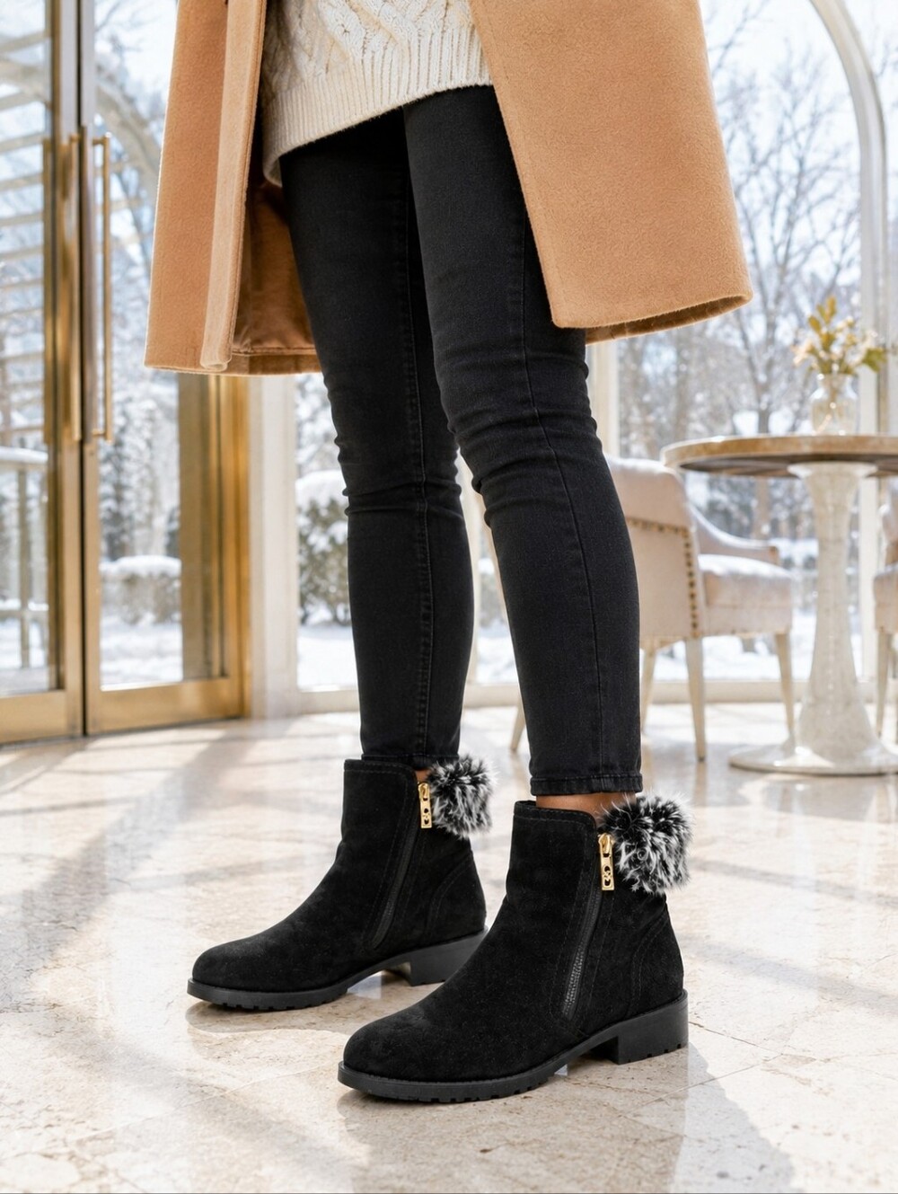 Cole Haan Quinney Waterproof Suede Faux Fur Ankle Boots Black 9